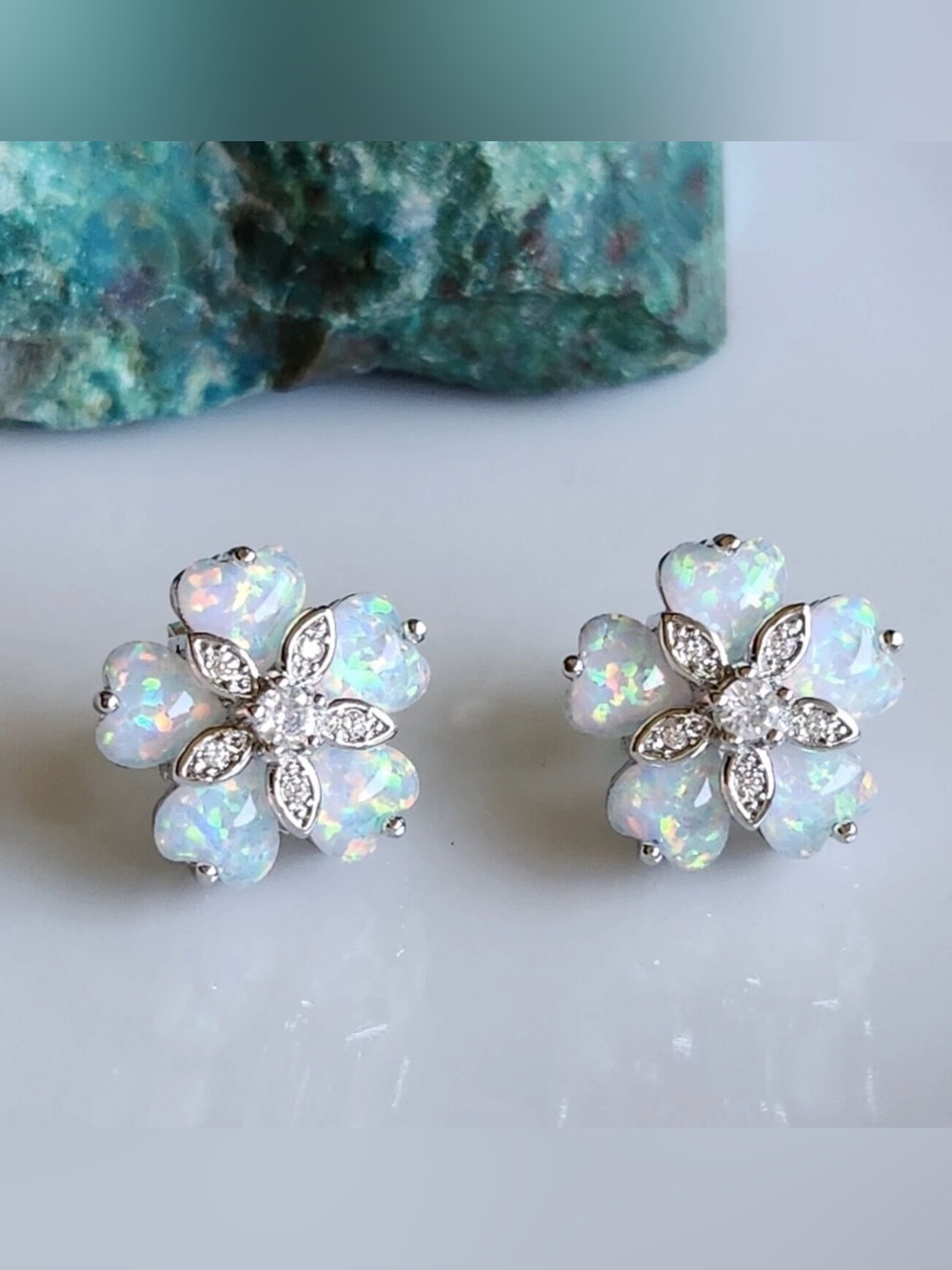 Natural Opal Flower Cluster Stud Earrings White Sapphire Sterling Silver 14.3mm